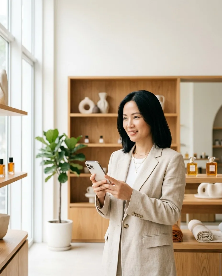 Chủ cửa hàng tự tin cầm điện thoại giữa không gian bán hàng gọn gàng